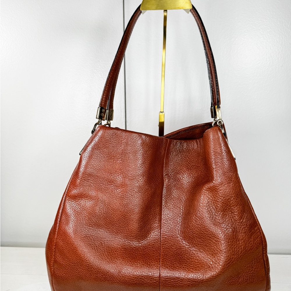 Madison Phoebe 26224 Coach Pebbled Leather Shoulder Bag Cognac Brown Red Lining - Picture 6 of 14